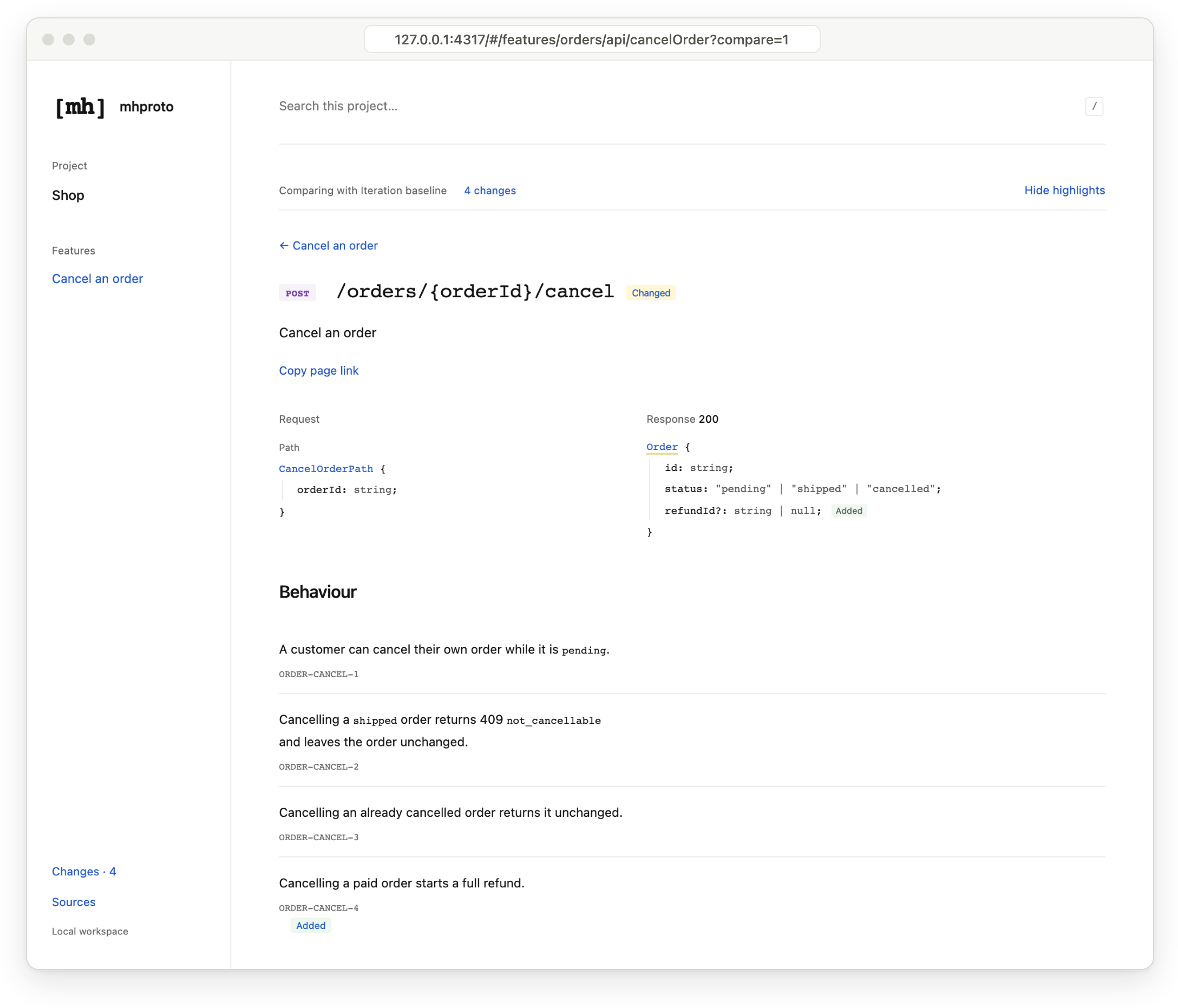 The cancelOrder endpoint page in the MHProto viewer: request and response signatures, then four numbered rules. Compared with the saved snapshot, the response field refundId and the rule ORDER-CANCEL-4 are marked Added.